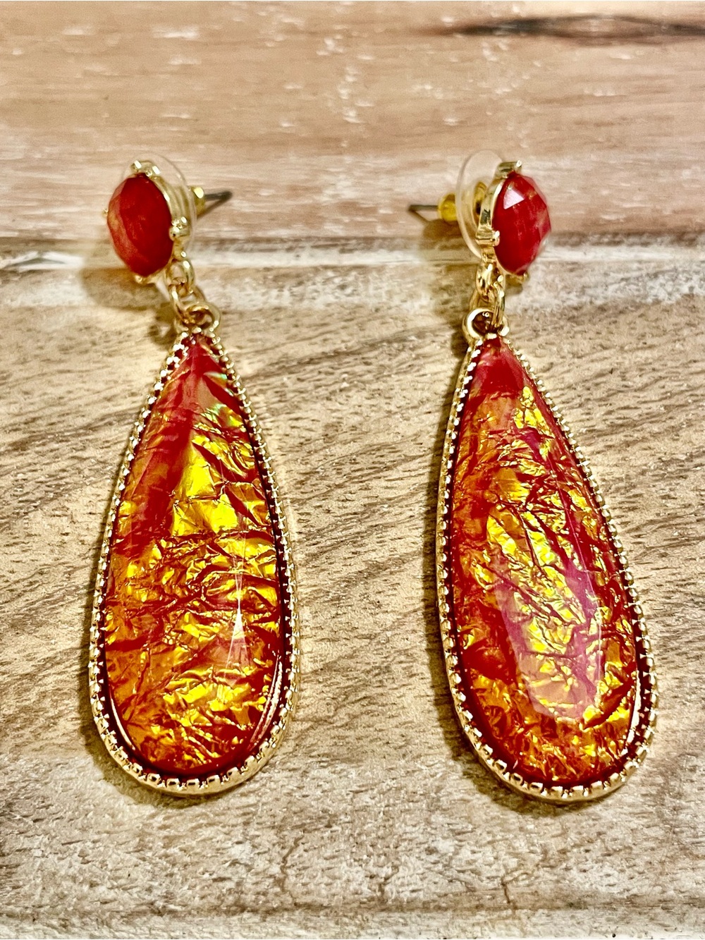 Gold-Tone Orange Iridescent Teardrop Dangle Earrings - Women Jewelry